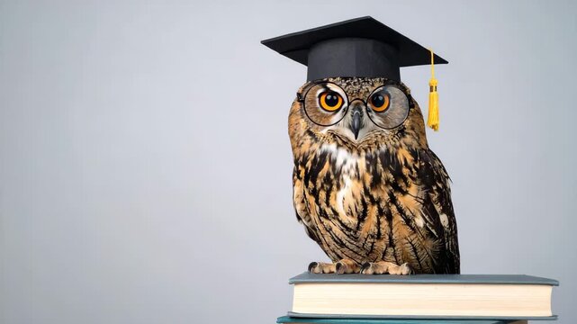 Wise owl wearing a graduation cap and glasses sitting on a stack of books.
