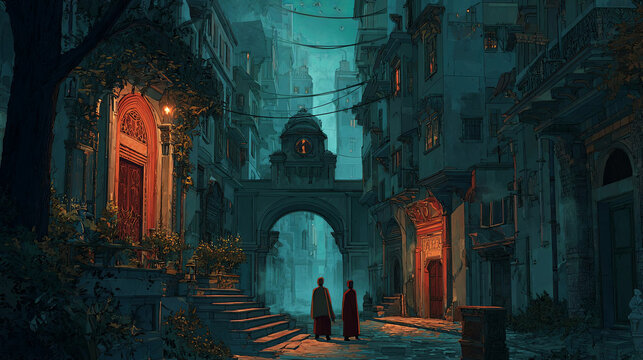 Two cloaked figures walking through a narrow, atmospheric street illuminated by warm lights, surrounded by old buildings and a mysterious archway, creating an enchanting urban scene