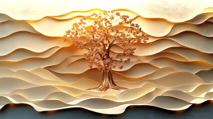 Elegant paper art depicting a tree on layered waves - Powered by Adobe