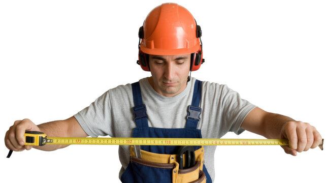 A focused construction worker in a hard hat and overalls holds an extended measuring tape, carefully examining the measurements against a transparent background. background removed - Powered by Adobe