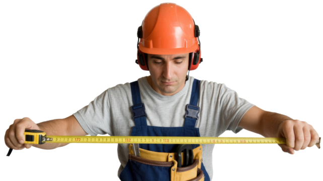 A focused construction worker in a hard hat and overalls holds an extended measuring tape, carefully examining the measurements against a transparent background. background removed