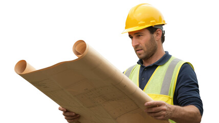 A focused construction engineer in a hard hat and safety vest carefully examines blueprints, analyzing project plans. background removed