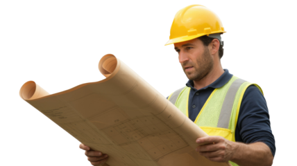 A focused construction engineer in a hard hat and safety vest carefully examines blueprints, analyzing project plans. background removed