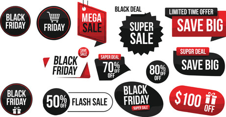 Black Friday sale tag illustration—bold promotional labels with discounts, gift icons, and shopping graphics for seasonal retail marketing visuals