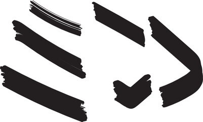 Vector set of twelve isolated black grunge brush strokes and hand-drawn marker lines for creative design elements. 12