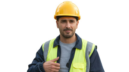 A confident male construction worker in a yellow hard hat and high-visibility vest looks directly at the camera. Professional and ready. background removed