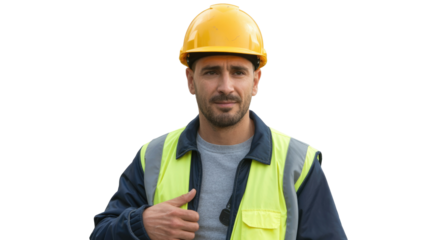 A confident male construction worker in a yellow hard hat and high-visibility vest looks directly at the camera. Professional and ready. background removed