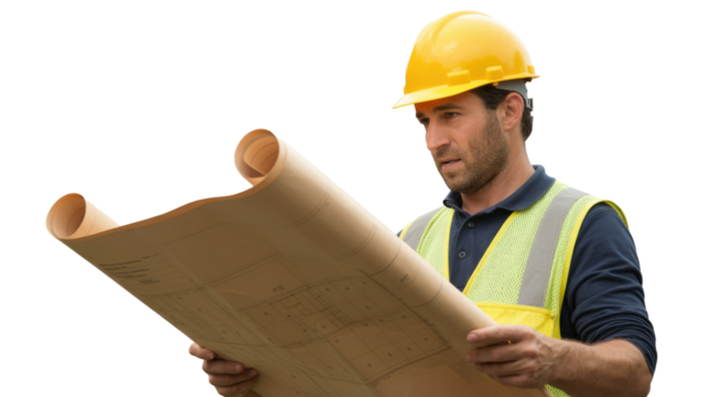 A focused construction engineer in a hard hat and safety vest carefully examines blueprints, analyzing project plans. background removed