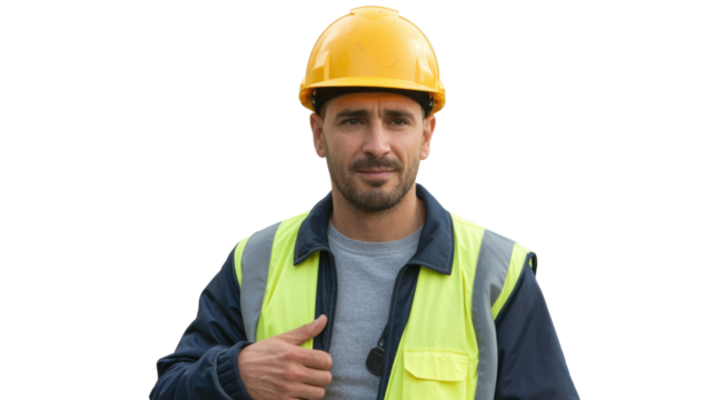 A confident male construction worker in a yellow hard hat and high-visibility vest looks directly at the camera. Professional and ready. background removed - Powered by Adobe