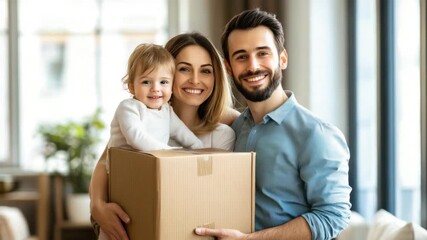 Happy family relocation to new apartment. Smiling man and woman holding big cardboard box with their child inside. Unpacking cardboard boxes. New home, rental real estate moving into apartment - Powered by Adobe