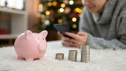 Pink piggy bank with stacked coin and holiday smart spending Christmas new year saving on mobile phone at home festive scene with bokeh lights and comfortable sweater