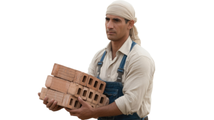 Dedicated construction worker in overalls and headscarf holding a stack of red bricks, looking forward, isolated on a transparent background. background removed