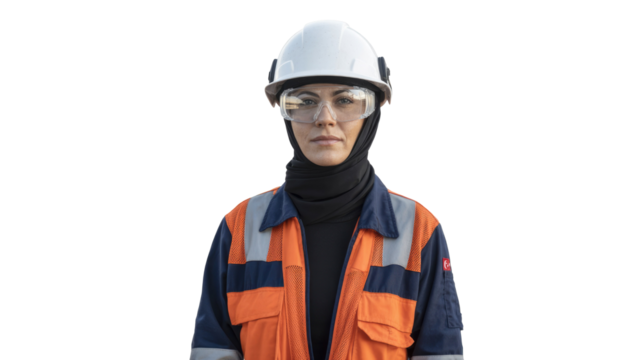Professional woman in hard hat, safety glasses, hijab, and high-visibility jacket looking confidently at camera, representing industry safety. background removed