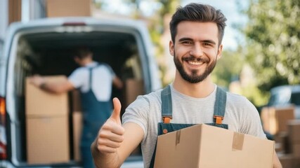 Moving and teamwork in transport services. Handsome smiling loader holding cardboard box and showing thumb up at minivan. Two male moving service workers in uniform carefully carry boxes. Delivery - Powered by Adobe