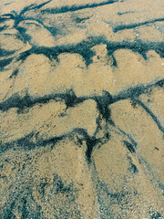 A close-up of a beach with black and gold sand.