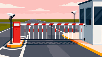 Security checkpoint with barrier and surveillance cameras in a landscape  