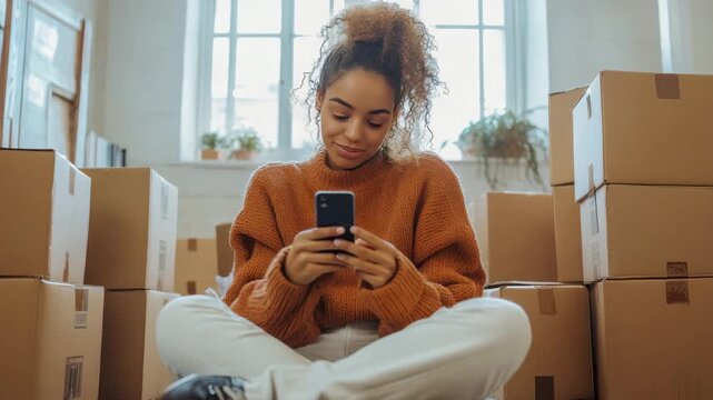 A smiling young woman sitting on the floor, using her mobile phone, surrounded by closed brown cardboard boxes. relocation, moving to a new home, transportation service, movers, real estate, rental - Powered by Adobe
