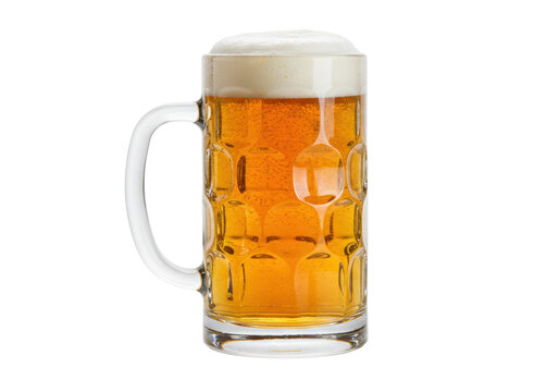 Isolated frosty mug filled with golden beer and a thick layer of foamy head for a cold drink