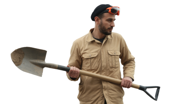 Bearded man in a work shirt, beret, and safety goggles, holding a dirty shovel, looking focused, ready for labor. background removed