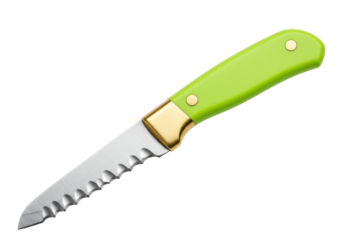 Isolated serrated utility knife with green handle for cutting and preparing food outdoors