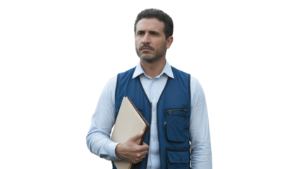 A serious man in a blue vest and light shirt holds a folder, looking to the side. background removed