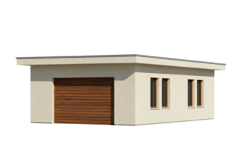 Isolated one-story garage with wooden overhead door and two small windows, simple design