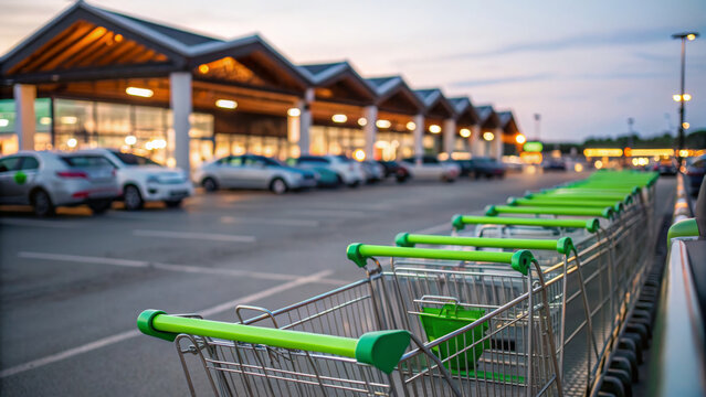 Abandoned cart near supermarket parking at dusk conveying abandonment and quiet urban shopping empty scene with soft light