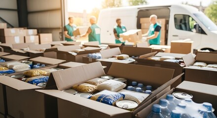 Volunteers sorting food packages for donation with focus on open boxes filled with groceries. Charity and food bank support concept.