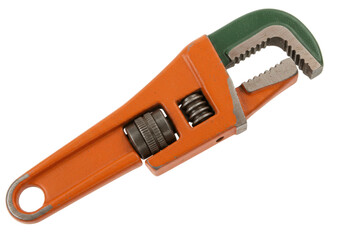 Isolated orange pipe wrench for plumbing work or repair on house, tool for industry tradesman