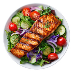 Delicious grilled salmon fillet atop a fresh, vibrant salad with cherry tomatoes and cucumber, isolated on a transparent background