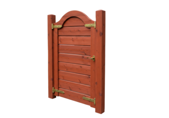 Isolated Wooden Garden Gate with Arch Top, Golden Hardware; Modern Style, Landscape Element