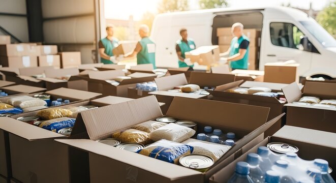 Volunteers sorting food packages for donation with focus on open boxes filled with groceries. Charity and food bank support concept.