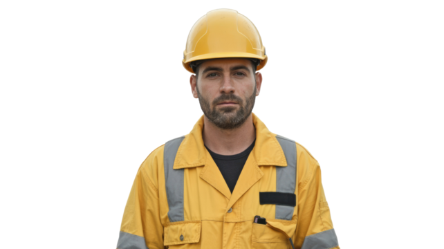 A serious male construction worker wearing a yellow hard hat and high-visibility jacket with reflective stripes, looking directly at the camera. background removed