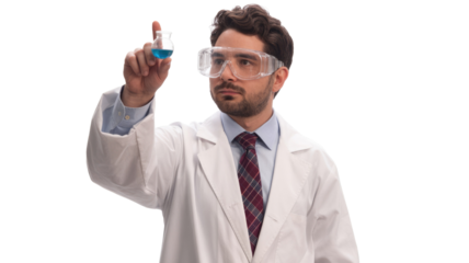 A male scientist in a lab coat and safety goggles carefully examines a small flask containing a blue liquid, demonstrating scientific research. background removed