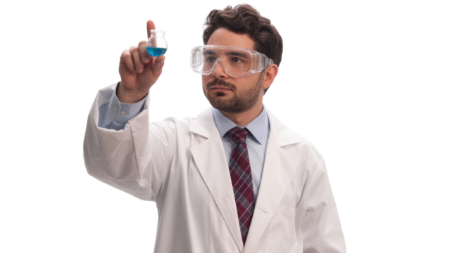 A male scientist in a lab coat and safety goggles carefully examines a small flask containing a blue liquid, demonstrating scientific research. background removed - Powered by Adobe