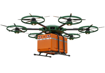 Isolated multirotor drone with delivery package, modern unmanned aerial vehicle, air transport