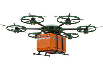 Isolated multirotor drone with delivery package, modern unmanned aerial vehicle, air transport