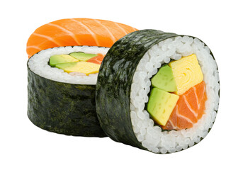 Isolated two pieces of sushi maki and salmon sashimi, traditional Japanese cuisine meal set