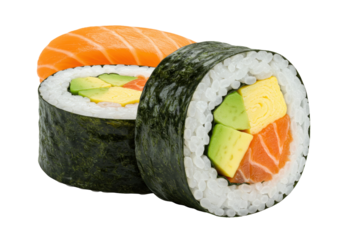 Isolated two pieces of sushi maki and salmon sashimi, traditional Japanese cuisine meal set