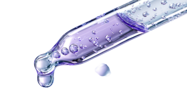 Droplet forming at the tip of a pipette with light purple liquid inside