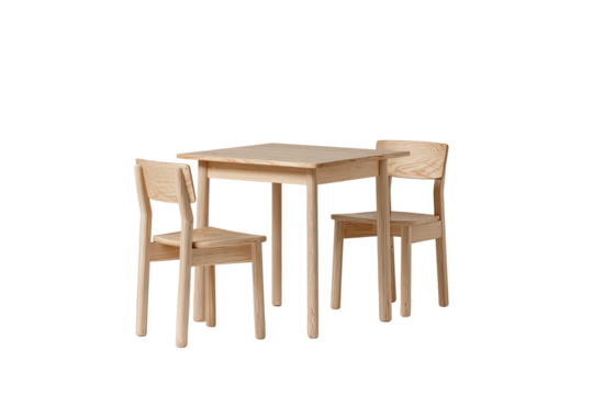 Wooden kids' table and two chairs against a solid dark backdrop