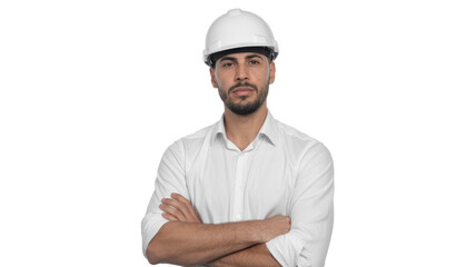 Confident young male engineer or architect in a white hard hat and shirt, with arms crossed, looking directly at the camera. Professional and focused. background removed