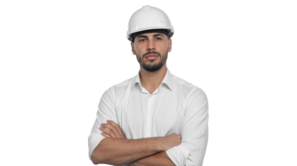 Confident young male engineer or architect in a white hard hat and shirt, with arms crossed, looking directly at the camera. Professional and focused. background removed