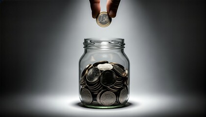 A hand places a one-euro coin into a clear glass jar filled with coins, dramatically lit to symbolize saving, investment, and financial planning.