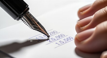 Close-up of a professional fountain pen meticulously writing financial calculations on white paper. Bright lighting highlights the elegant pen and human hand, conveying precision and accuracy.