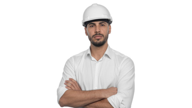 Confident young male engineer or architect in a white hard hat and shirt, with arms crossed, looking directly at the camera. Professional and focused. background removed