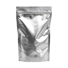 Shiny metallic pouch with resealable zipper for product packaging and branding mockups, isolated on a transparent background