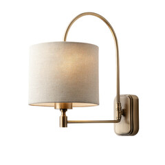Wall-mounted light with cylinder shade, golden arm, on black background