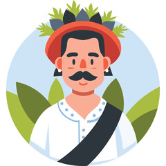 Illustration of a Man Wearing a Hat and Traditional Clothing with a Moustache Set Against a Light Blue and Green Leafy Background With a Transparent Overlay