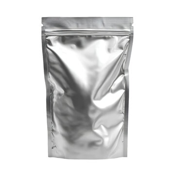 Shiny metallic pouch with resealable zipper for product packaging and branding mockups, isolated on a transparent background